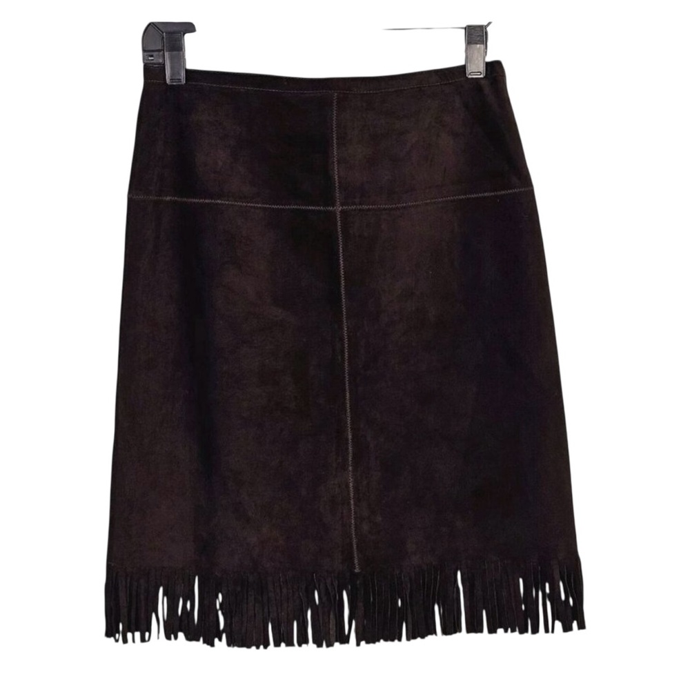 Vintage Express Suede Leather Fringe Midi Skirt - Size 3/4 - Brown